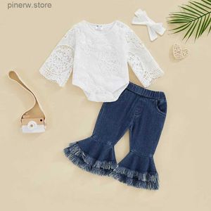 Ensembles de vêtements Lioraitiin 0-18M bébé fille 3 pièces automne printemps tenues à manches longues col rond dentelle barboteuse Flare jean ensemble