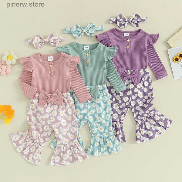 Conjuntos de ropa Lioraitiin 0-18M Ropa para niña recién nacida Rib Frill Manga larga Mameluco Daisy Pantalones acampanados Diadema Conjunto 3 piezas Trajes