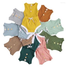 Kledingsets Lioraitiin 0-24m geboren baby Baby Boy Girl geribbeld Romper Suit mouwloze ronde nek elastische hoofdshorts met knoop