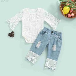 Conjuntos de ropa Lioraitiin 0-24M Bebés recién nacidos Pantalones casuales Traje Blanco Cuello redondo Manga larga Mameluco y dobladillo de encaje Jeans rasgados