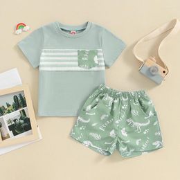 Conjuntos de ropa Lioraitiin 0-3Y Trajes de verano para niños pequeños Camiseta de manga corta a rayas y pantalones cortos elásticos con estampado de dibujos animados Conjunto de ropa