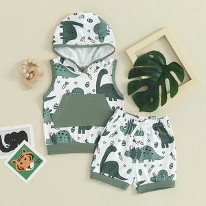 Kledingsets Lioraitiin 0-3Y Peuter Baby Boy Paasoutfit Dinosaurusprint Tanktops met capuchon Elastische shorts Set Jongens zomerkleding