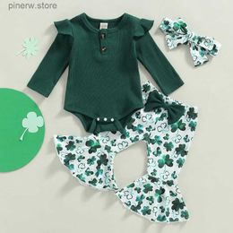 Conjuntos de roupas Lioraitiin St Patrick's Day 0-18m Baby Girl Roupas Sólidas Manga Longa Crew Neck Romper Clover Print Flare Pant