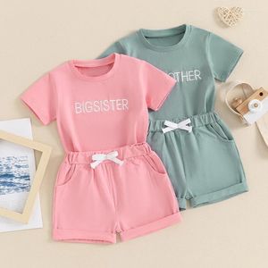 Kledingsets Lioraitiin Toddler Boys Girls Summer Outfits Letter Borduurde T-shirts Tops en shorts Brother Sister Matching Clothing Set