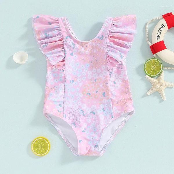 Ensembles de vêtements Liscywind Toddler Girls Summer Beach Swimwwear Flying Sleeve Crewneck Floral Print Bathing Fssuit pendant 1 à 4 ans