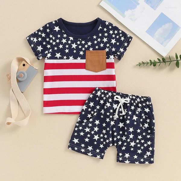 Ensembles de vêtements Little Boy 4 juillet Tenues de tshirt rayé à manches courtes Shorts étoiles élastiques Bourts imprimés Boys Summer Independence Day