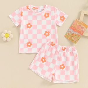 Kledingsets Little Girl 2 -delige dambord set korte mouw ronde nek bloem print tops elastische taille shorts peuter zomer outfits