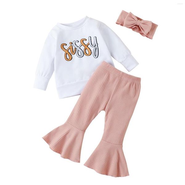 Ensembles de vêtements Petites Filles 3PCS Pantalon Costume À Manches Longues Lettres Crew Pulls Plaine Côtelée Évasée Tie-Dye Bow Bandeau 1-5T