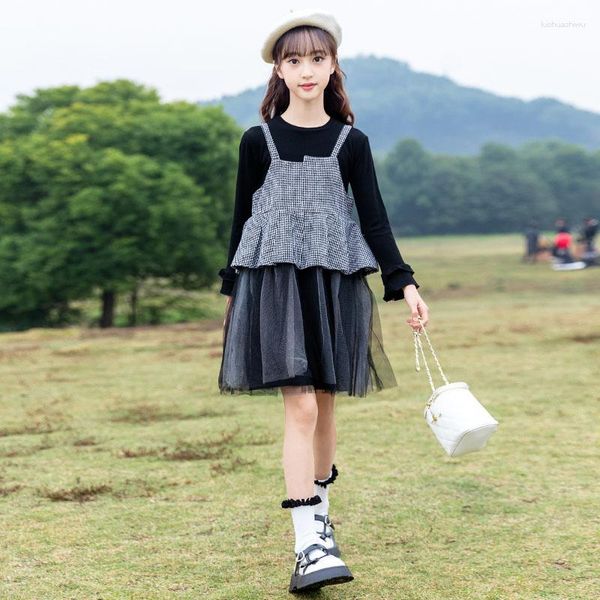 Ensembles de vêtements petites filles élégant costume décontracté 2023 printemps à manches longues T-shirt pied de poule lambrissé robe en maille enfants tenue 2 pièces