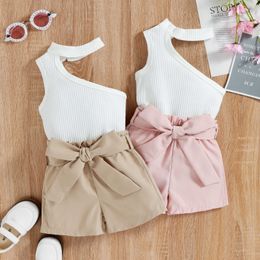 Ensembles de vêtements pour bébés filles, trois pièces, tenue à épaules obliques, gilet sans manches, short, ceinture de taille