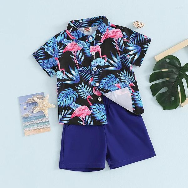 Conjuntos de ropa Niños pequeños Bebé niño Ropa de verano Flamenco Plantas tropicales Estampado de manga corta Camisa con botones Conjunto de pantalones cortos sólidos