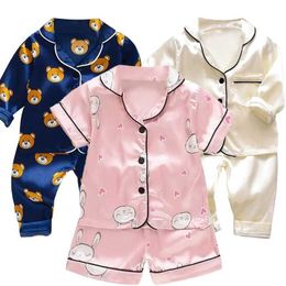 Clothing Sets LJW childrens pajama solid color long sleeved lapel silk satin and pants set used for home decoration of baby pajamas J240518