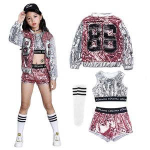 Conjuntos de ropa LOlanta 414 años Niñas Pink Sequin Crop Tops Shorts Jacket Dancewear Disfraz Hip Hop Modern Jazz Dance Stage Performance Wear 230803
