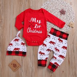 Conjuntos de ropa Lovely Baby Boy Mi primera carta de Navidad Romper Niños Camisetas Pantalón Nacido Sombrero Trajes Chica Navidad Set Otoño 2pcs 220922