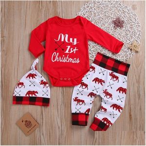 Vêtements Ensembles Beau Bébé Garçon Mon Premier Noël Lettre Barboteuse Enfants T-shirts Pantalon Né Chapeau Tenues Fille De Noël Ensemble Automne 2 Pcs 220915 D Dhau3