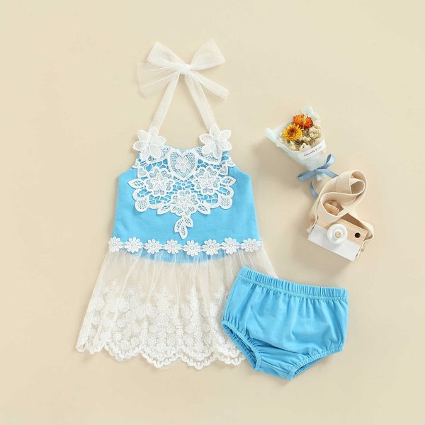 Ensembles de vêtements Belle baie fille shorts ensemble cou cintre dentelle tulle jupe ourlet camisole hauts couleur unie taille élastique shorts enfants vêtements