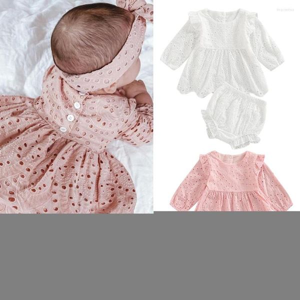 Conjuntos de ropa Lovely Born Baby Girls Ropa 0-24M Sólido Hollow Out Ruffles Manga larga Vestido plisado Pantalones cortos Bloomers Trajes de algodón