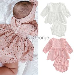 Ensembles de vêtements Belle nouveau-né bébé filles ensembles de vêtements 024M solide évider volants à manches longues robe plisséeShorts Bloomers coton tenues J230630