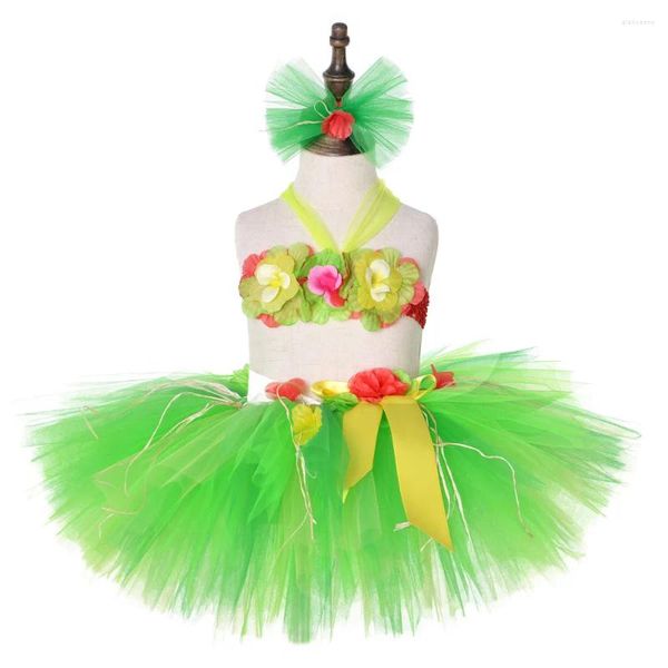 Ensembles de vêtements Luau Hawaiian Grass Hula Tutu Jupe Ensemble Fleur Bébé Filles 3pcs Enfants Halloween Piscine Fête Anniversaire Tenue 1-8Y