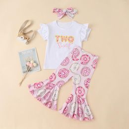 Conjuntos de ropa MaBaby 18-30M, conjunto de ropa para bebés y niñas pequeñas, camisetas con letras, pantalones acampanados con estampado de donuts, trajes de cumpleaños de 2 años D01