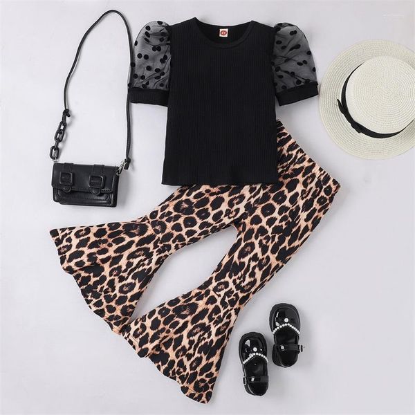 Conjuntos de ropa Mababy 4-7Y Niño Niño Niñas Ropa Puntos Malla Puff Manga Camiseta Tops Leopardo Estampado Flare Pantalones Niños Traje Verano