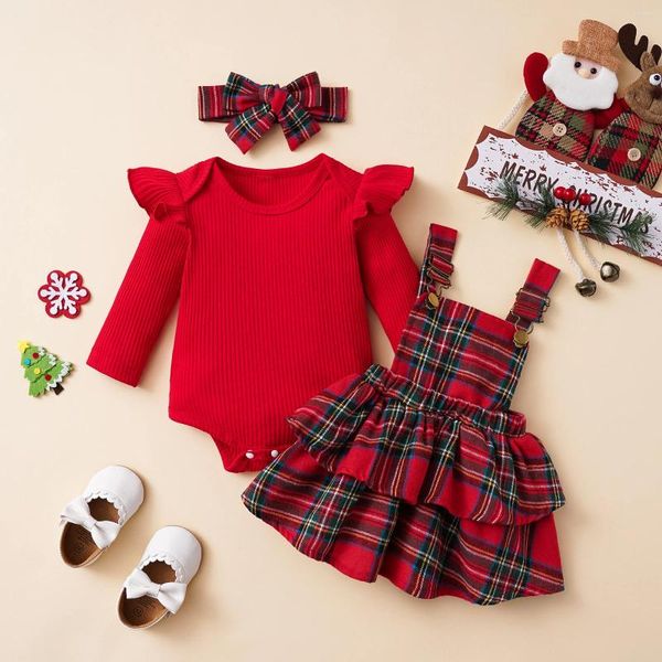 Conjuntos de ropa Mababy 0-18M Navidad nacido bebé niña ropa volante punto mameluco a cuadros botón faldas trajes trajes de Navidad D05