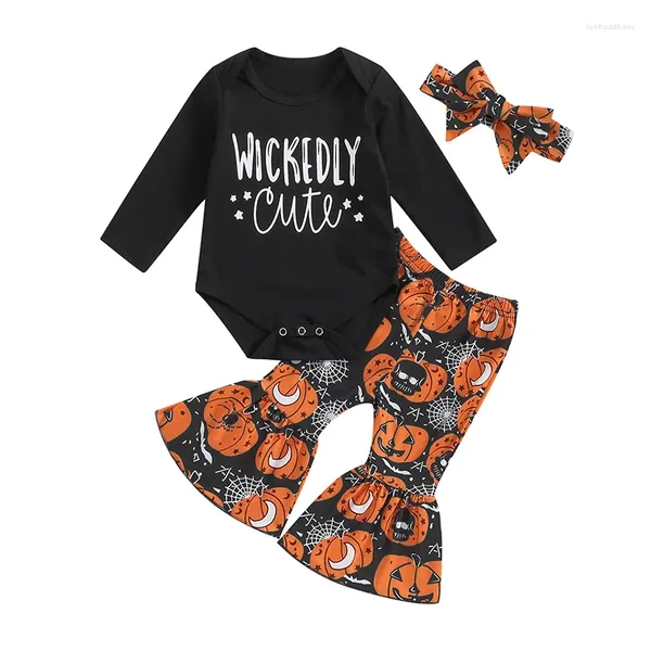 Conjuntos de ropa Madjtlqy Baby Girl Traje de Halloween Calabaza Impreso Sudadera de manga larga Tops Pantalones acampanados Conjunto Ropa linda para niños pequeños