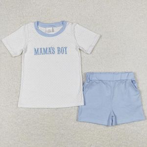 Kledingsets Mama's Boy Embroidery Green Top Plaid Shorts Boys Summer Clothing Set RTS Groothandel Toddler Boutique Kids