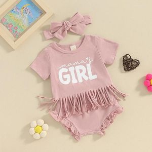 Ensembles de vêtements Mama S Girl Toddler Vêtements d'été LETTRE PRINT PRINT CHEPING TASSEL TASSEL BORS RUFFLED BORS