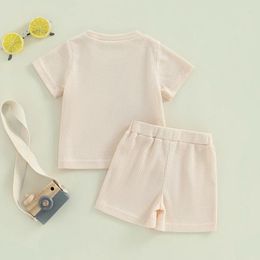 Kledingsets Mama S Sunshine Baby Boy Summer Outfit Letter Borduurde T-Shirt Tops Shorts Set Waffle Knit Kleding met korte mouwen
