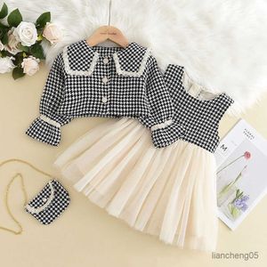 Menoea Filles Vêtements Ensemble Printemps Automne Filles Plaid Gilet Robe Rétro Outwear Manteau 2 Pcs Mode Bébé Robe De Soirée avec Sac Tenues R230805