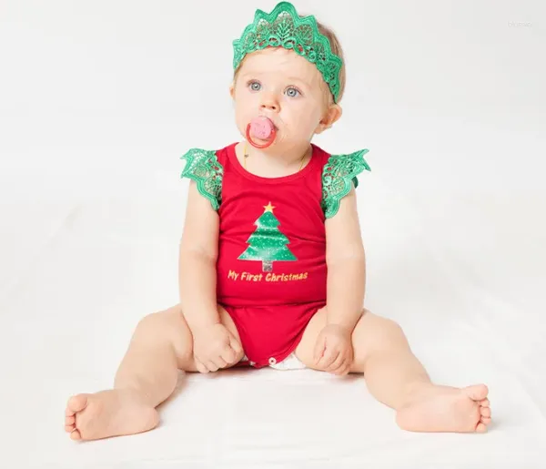 Ensembles de vêtements joyeuses année bébé mode de Noël arbre de Noël Bodys et bandeau en dentelle Couronne Vêtements Jumptes de coton mignons filles