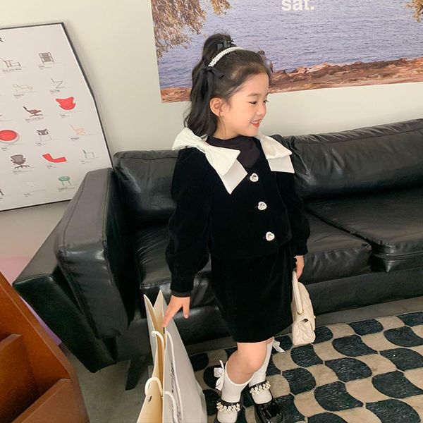 Ensembles de vêtements MILA CHOU 2023 printemps automne fille mode velours noir 2 pièces costume enfants arc col en v manteau jupe ensemble veste tenue enfant vêtements