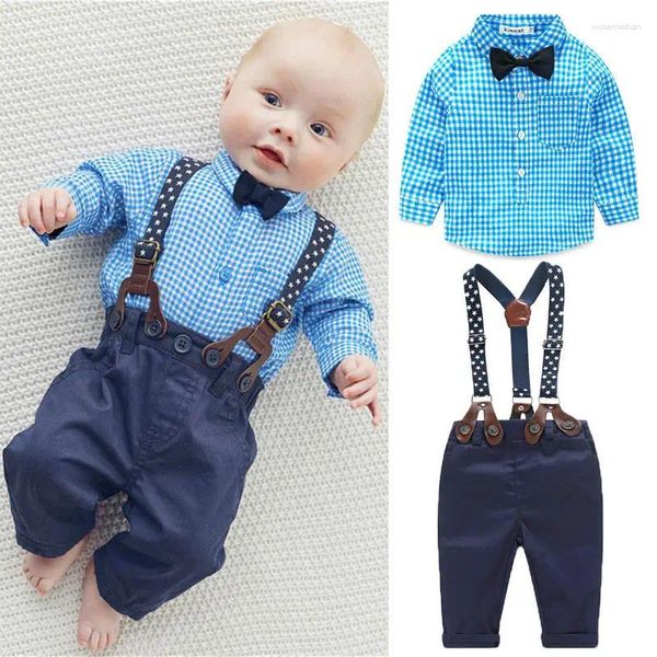 Conjuntos de ropa Mildsown Born Kids Baby Boys Pajarita Camisa a cuadros Pantalones con tirantes Pantalones Conjunto Conjunto Ropa formal Trajes de caballero