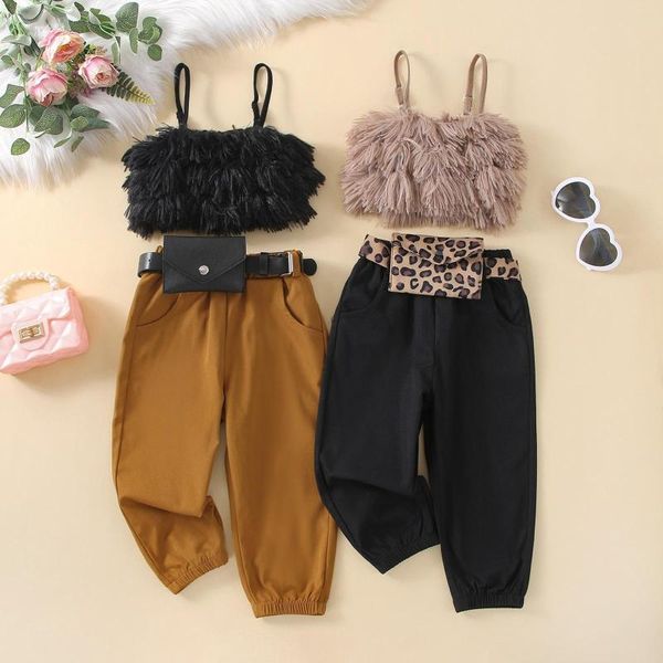 Conjuntos de ropa Mildsown Girls Summer 3 piezas Trajes Spaghetti Strap Furry Tank Tops Casual Pantalones largos Bolsa de cintura para niños 1-6 años