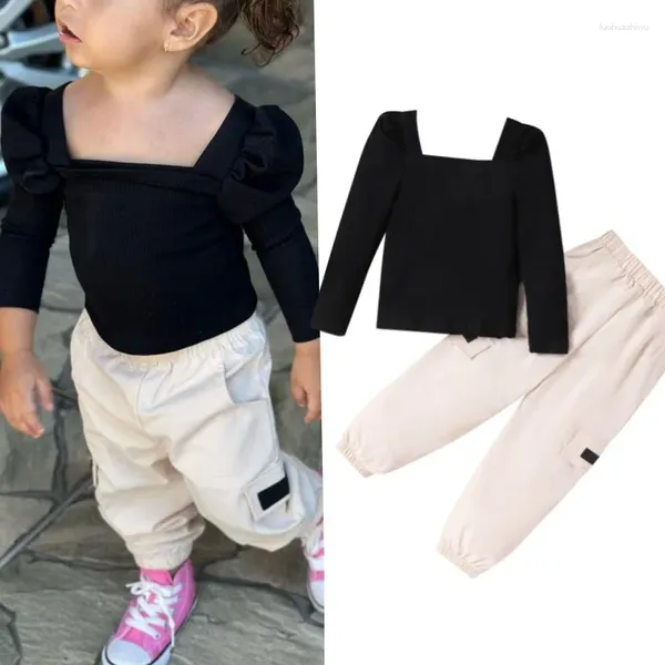 Ensembles de vêtements Mildsown enfants filles 2 pièces manches longues bouffantes col carré hauts côtelés pantalons cargo Jogger ensemble vêtements d'automne tenues pour enfants