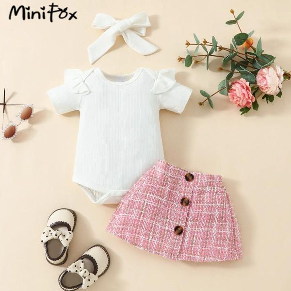 Conjuntos de ropa Minifox Tweed para niñas Bodysuit blancas y faldas rosa 3pcs 2024 ropa trajes de verano