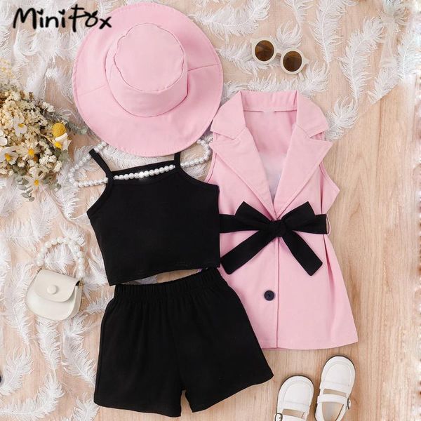 Conjuntos de ropa Minifox's Blazer Girls Elegant Belpy Lapel Chaqueta Vestida Black Shorts Sol Gat 4pcs Ropa para niños