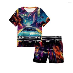 Ensembles de vêtements Miniso Sports Car Summer Children's Short Shorts à manches courtes T-shirt imprimé 3D pour garçons Trendy Cool Clots Child Party Girls