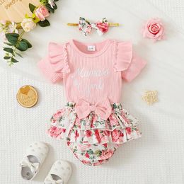 Ensembles de vêtements Mère S Day Romper Robe Bébé Fille Été 3pcs Tenue Body à manches courtes avec short floral à volants et bandeau