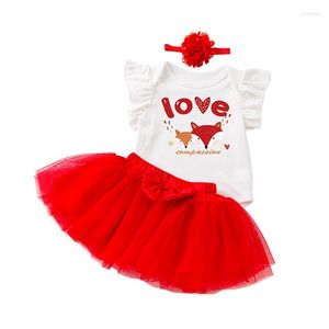 Ensembles de vêtements My 1st Valentines Day Outfits Infantile Bébé Fille À Manches Courtes Barboteuse Lettre Body Dentelle Tutu Jupe Bandeau 3 Pcs