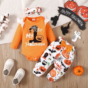 Conjuntos de ropa My Baby Girl First Halloween Happy Costume Body de manga larga naranja Pantalones estampados de calabaza Conjunto de traje de 3 piezas para 024 meses 230919