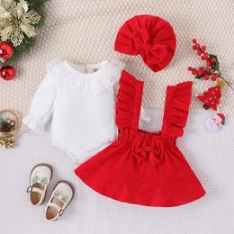 Ensembles de vêtements My First Christmas Baby Girl Vêtements Ruffle Romper Plaid Jupes à bretelles Chapeau 2023 Année Costume Outfit