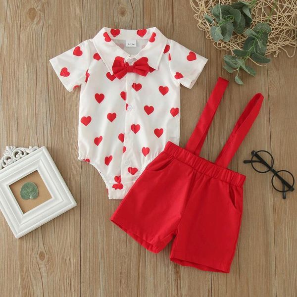 Conjuntos de ropa My First Valentines Trajes para bebés Camisas con estampado de corazones Body y tirantes Pantalones rojos para niños Disfraz de bebé de 0 a 24 meses