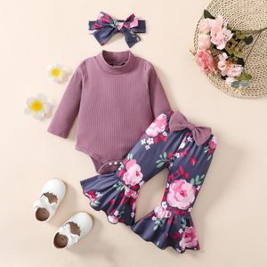 Ensembles de vêtements nom marque bébé fille infantile filles à manches longues côtelé barboteuse body imprimé fleuri cloche bas pantalons tenues pour