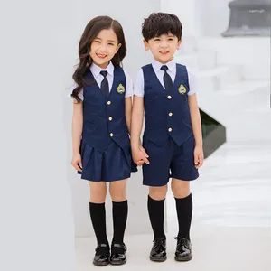 Kledingsets Navy School Suits voor meisjes Kinderen Summer Kindergarten Primaire uniform Boys Vest Shirt Shorts 5 PCS Set Kleding