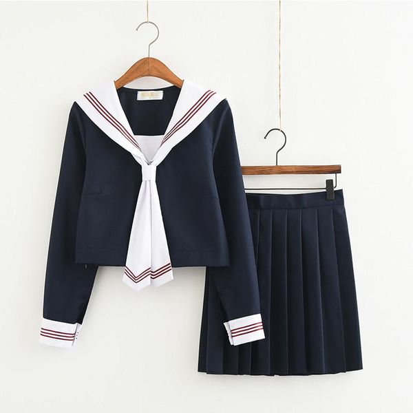 Ensembles de vêtements Navy Seifuku Uniformes scolaires japonais Confortable Coton Marin Uniforme Écolière Graduation Outfit Tops Cravate Jupe Plissée Se