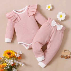 Kledingsets Nieuwe babymeisje Kledingset lente kleuterschool meisje kleding boog roze lange mouwen jumpsuit baby meisje kleding setl2405