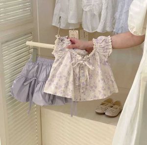 Kledingsets Nieuwe Baby Girl Summer Cute Set Printed Top+Purple Shorts Princess Sweetheart Set 1-6TL2405