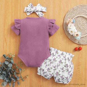 Ensembles de vêtements Nouveau-né bébé été violet froufrous à manches courtes boutonné triangle harnais avec imprimé floral ceinture shorts costume mignon R231215